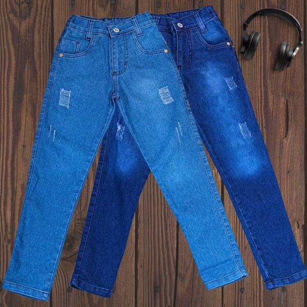 Kit de 2 calças jeans masculina calça infantil com regulador calça skinny para menino
