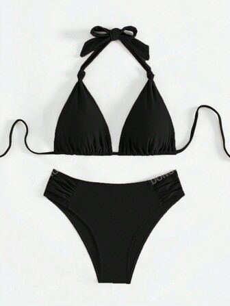 Women's Solid Color Halter Neck Spaghetti Strap Bikini Set Summer