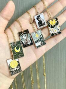 1pc Punk Star, Sun, Moon Drip Oil Square Pendant Necklace Stainless Steel Chain, Unisex