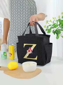 1 件全新加厚字母印花保温袋，便携式午餐盒保温袋，金色字母花朵印花保温袋，户外露营午餐袋，便携式冷冰袋，便携式食物冷却器适合工作、学校和旅行女士午餐盒袋女士学校用品配件 - 黑色 - 查看 4