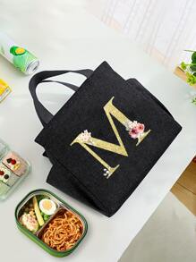 1 件全新加厚字母印花保温袋，便携式午餐盒保温袋，金色字母花朵印花保温袋，户外露营午餐袋，便携式冷冰袋，便携式食物冷却器适合工作、学校和旅行女士午餐盒袋女士学校用品配件 - 黑色 - 查看 5