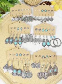 TopHanqi 36 Pairs Of Bohemian Vacation Vintage Silver Plated Series Circular Flower, Tree Of Life, Animal, Leaf, Geometric Shape, Etc. Alloy Earrings With Turquoise, White Rhinestone, Faux Pearls, Heart & Circle Shaped Beaded Stud Earrings, Minimalist, Chic, And Personalized Fashion Accessories For Women, Suitable For Daily Life, Work, Travel And Street Photography, Four Seasons Can Wear Valentines,Mom,Mother,Mother's Day,Gift