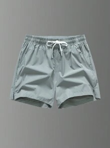 3pcs/Set Boyfriend Style Men's Solid Color Zippered Pocket Elastic Waterproof Quick-Drying Ice Silk Sport Shorts - Army Green - View 6