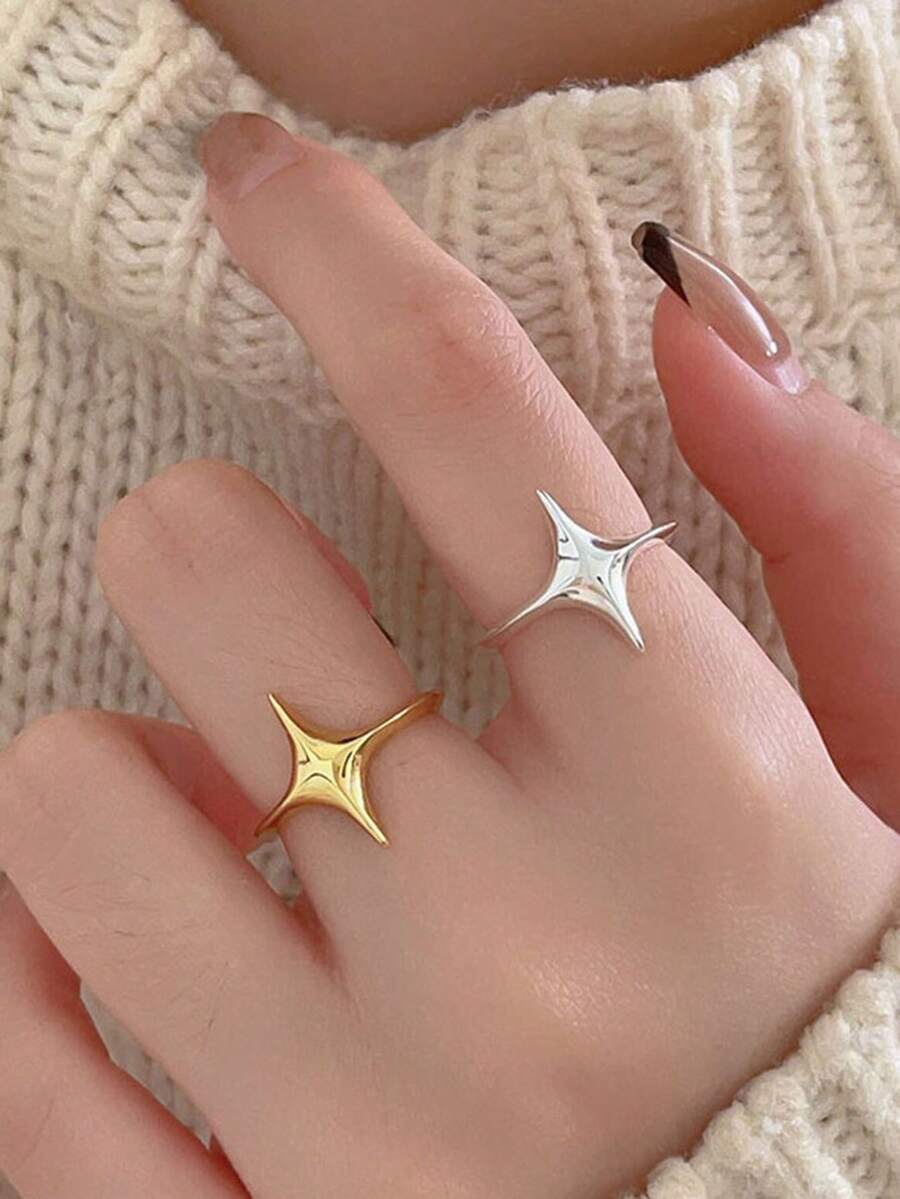 1 pieza de Anillo de estrellas simple y versátil para mujeres en pareja con un sentido de diseño único, accesorios de joyería de fiesta - Plateado - Ver 1