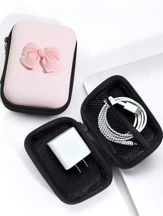 Eva Zipper Storage Bag For Earphones, Data Cables, Chargers, Usb Drives, Sd Cards, With Bowknot Decoration And Anti-Fall Protection Cable Organizer