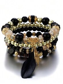 4 件时尚个性化精致高端闪亮优雅羽毛、手饰、玻璃串珠多层弹力绳手链，可作为女性母亲节惊喜礼物，适合派对聚会 - 羽毛 - 查看 10