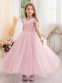 少女粉色短袖手工串珠蝴蝶结圣诞派对优雅连衣裙，公主裙，适合女孩生日派对、舞会、毕业典礼、婚礼伴娘、节日庆典等场合。 - 藕粉色 - 查看 8