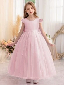 Tween Girl Ruffle Trim Bow Decor Valentines Party Tulle Princess Dress, Suitable For Birthday Party, Valentine's Day Gift, Prom, Wedding Flower Girl, School Performance, Festival Celebration - Bụi hồng - Xem 10