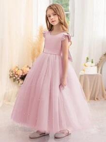 少女粉色短袖手工串珠蝴蝶结圣诞派对优雅连衣裙，公主裙，适合女孩生日派对、舞会、毕业典礼、婚礼伴娘、节日庆典等场合。 - 藕粉色 - 查看 10