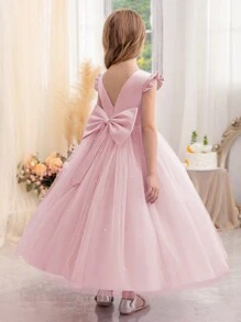 少女粉色短袖手工串珠蝴蝶结圣诞派对优雅连衣裙，公主裙，适合女孩生日派对、舞会、毕业典礼、婚礼伴娘、节日庆典等场合。 - 藕粉色 - 查看 9