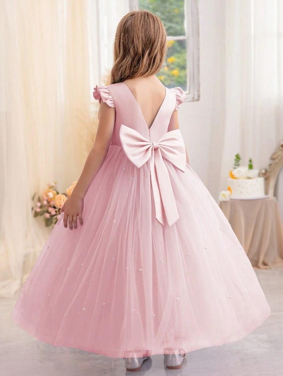 Tween Girl Ruffle Trim Bow Decor Valentines Party Tulle Princess Dress, Suitable For Birthday Party, Valentine's Day Gift, Prom, Wedding Flower Girl, School Performance, Festival Celebration - Bụi hồng - Xem 1