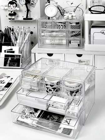 1个透明塑料桌面抽屉收纳盒，3/5/7/9/16个隔层可选，适用于桌面文具收纳