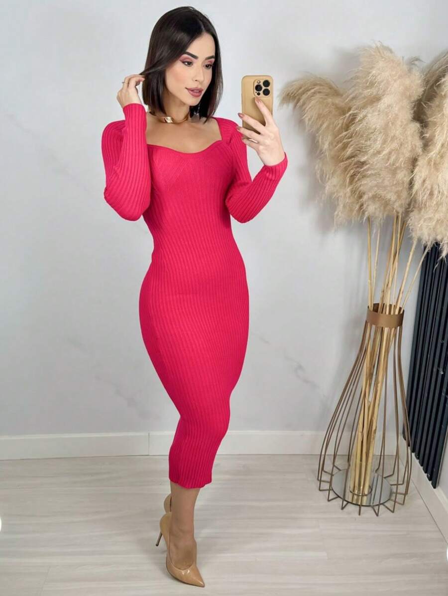 Women Sweater Dresses - Màu Hồng Tươi - Xem 1