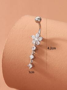 1pc Two Rhinestone Decorated Flower Design Belly Button Ring With Plant Motif Valentines,Mom,Mother,Mother's Day,Gift - Silver - View 4