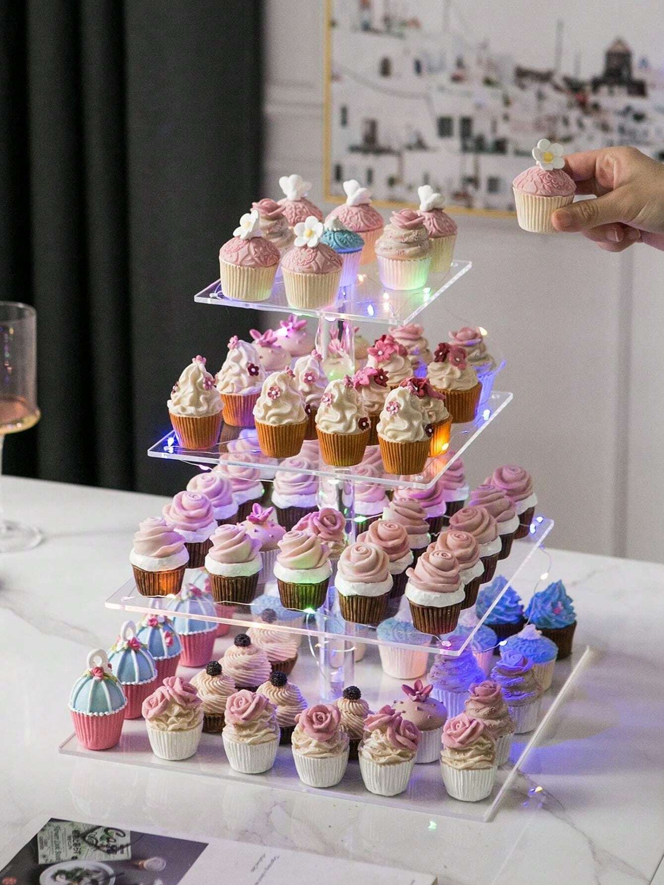 Square Acrylic Illuminated Cake Display Stand With Led Lights, For