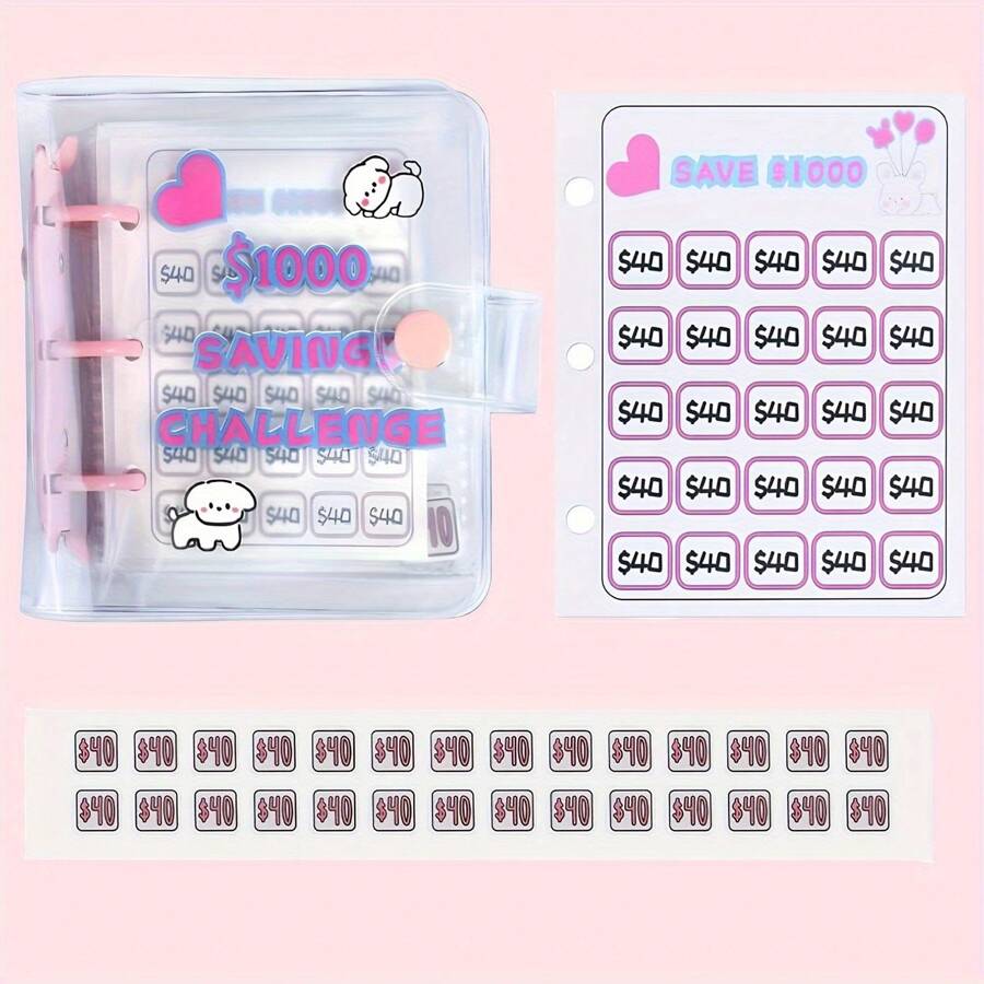 1pc $1000 Savings Challenge Mini Binder With Cash Envelope, Portable Budget Planner, Book Organizer With Refillable Cash, Reusable And Cute Design - 1000USD - View 1
