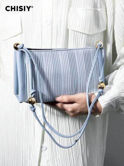 CHISIY Handmade Two-Tone Striped Ruched Blue Artificial Leather Fabric Fashionable Faux Pearl Decor Underarm Bag With European Style Chain, Commuter Handbag For Women, Simple And Stylish Shoulder Bag, Suitable For Valentine's Day, Halloween, Christmas, Female College Students, Dating, Shopping, Business, All Season Use Sport Bag School Backpack Drawstring Bag Rucksack Basketball Bag Drawstring Backpack Football Bag Sport Backpack College Student For Gym Travel Exercise Yoga Outdoor Outing Cycling Hiking Waterproof Lightweight Large Capacity Portable Accessories