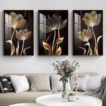 3入組無框黑色和金色花朵牆藝術畫布油畫,現代抽象海報,家居裝飾,不含相框