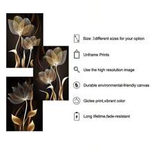 3入組無框黑色和金色花朵牆藝術畫布油畫,現代抽象海報,家居裝飾,不含相框