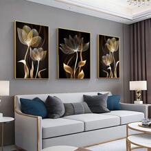 3入組無框黑色和金色花朵牆藝術畫布油畫,現代抽象海報,家居裝飾,不含相框