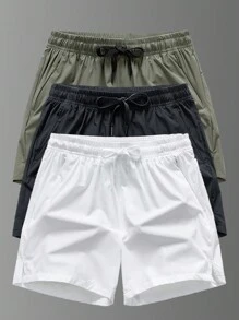 男友风男士 3 条装纯色松紧带速干冰丝运动短裤带防水拉链口袋 - 軍綠色 - 查看 2