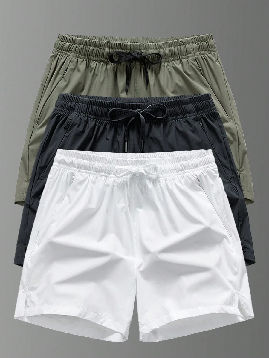 男友风男士 3 条装纯色松紧带速干冰丝运动短裤带防水拉链口袋