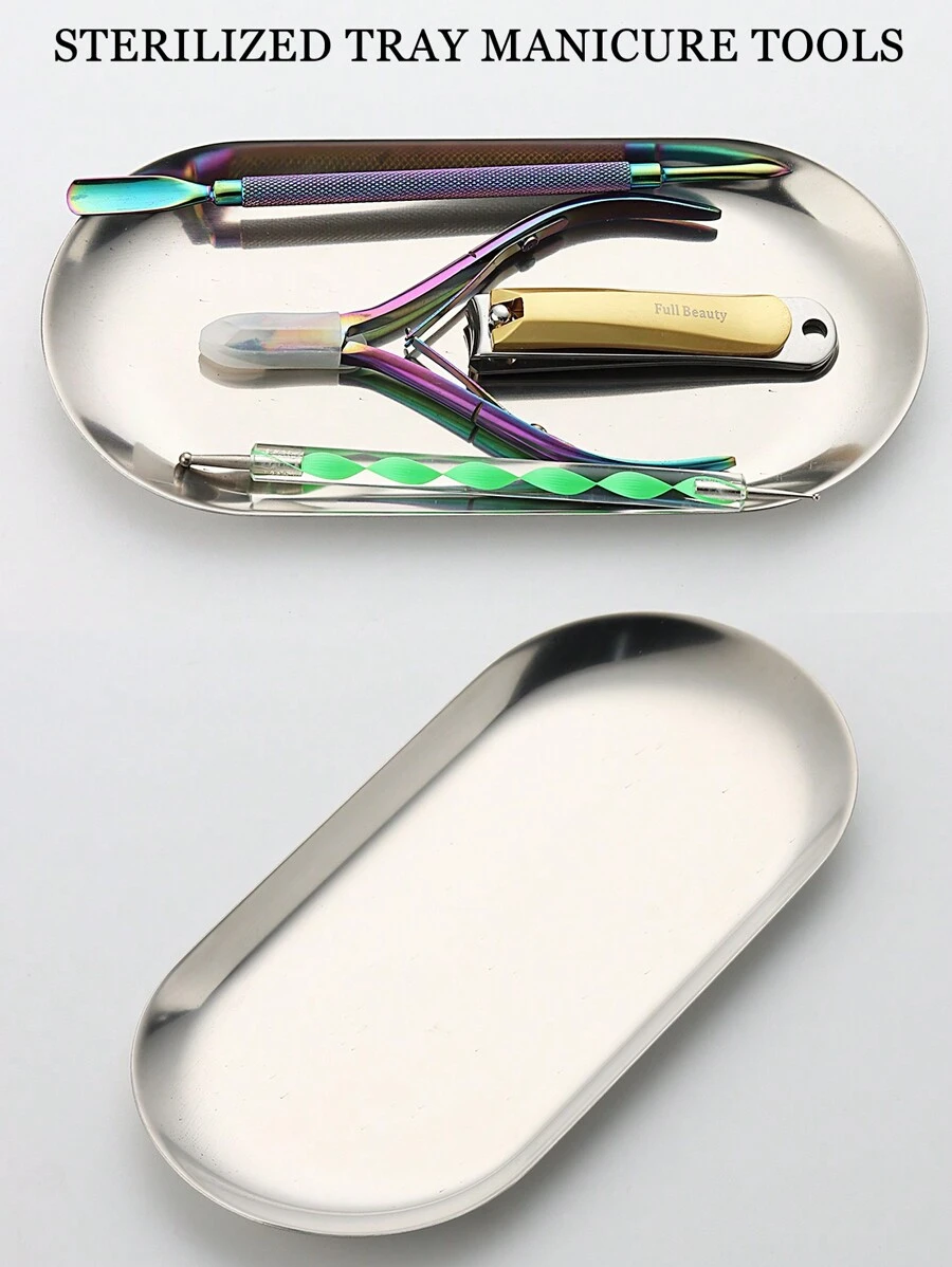 1 Khay tiệt trùng bằng thép không gỉ màu bạc hình bầu dục, có gương, thích hợp để đựng dụng cụ xăm hình, dụng cụ làm móng và phụ kiện hoặc khay đựng đồ trên bàn làm việc tại nhà. - Bạc - Xem 1