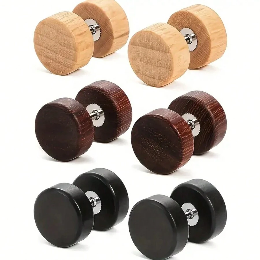 3 Pairs Men's Wooden Imitation Gauge Dumbbell Stud Earrings 6-12mm - Multicolor - View 1