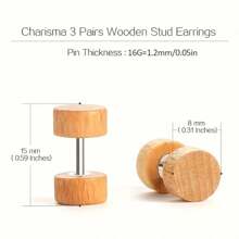 3 Pairs Men's Wooden Imitation Gauge Dumbbell Stud Earrings 6-12mm - Multicolor - View 4