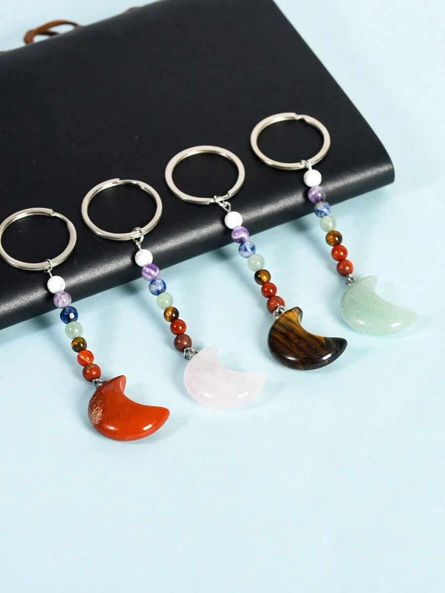 1 Miếng Tinh thể tự nhiên Mặt trăng Chạm khắc Với Bảy Chữa bệnh Móc chìa khóa , Thích hợp Đối với Hằng ngày Mang - móc khóa - Xem 1