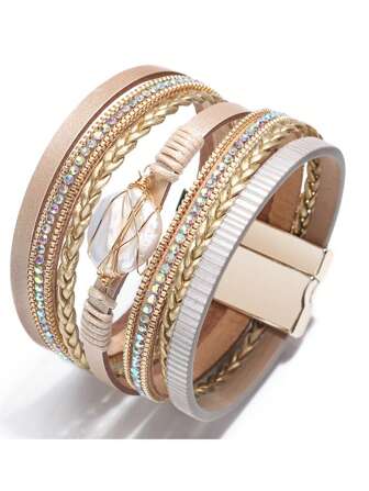 1個歐美風格的鋅合金和pu皮革手工編織手鍊,卡其色調,適合女性時尚通勤外觀