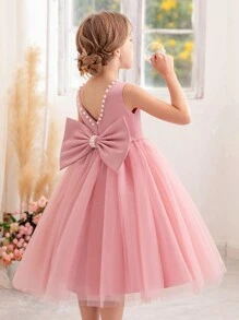Young Girl's Pearl Decor Bow Back Deep V Valentine's Day Party Princess Dress, Suitable For Girls' Birthday Party, Valentine's Day Gift, Prom, Festival Celebration, Wedding Flower Girl, Stage Performance Costume