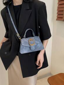 時尚休閒pu皮手提袋,配帶扣鎖裝置和簡約設計 - 藍色 - 查看 6