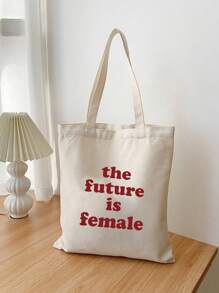 1 Pezzo Borsa Tote Alla Moda In Tela Beige Stampata Con Lettere Rosse 'il Futuro', Borsa Portatile Per Uscite E Shopping Per Donne - Beige - Visualizzare 3