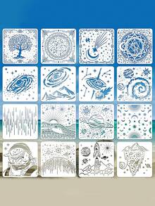 16 Sheets Hollow Out Stencil Template Set For Spray Painting And Drawing, Universe Space Theme - White - View 1