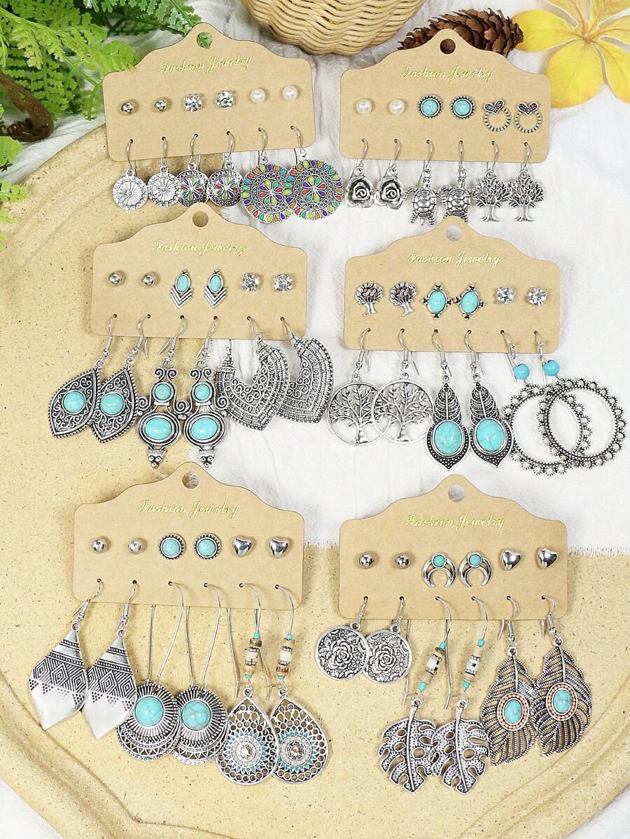 TopHanqi 36 Pairs Of Bohemian Vacation Vintage Silver Plated Series Circular Flower, Tree Of Life, Animal, Leaf, Geometric Shape, Etc. Alloy Earrings With Turquoise, White Rhinestone, Faux Pearls, Heart & Circle Shaped Beaded Stud Earrings, Minimalist, Chic, And Personalized Fashion Accessories For Women, Suitable For Daily Life, Work, Travel And Street Photography, Four Seasons Can Wear Valentines,Mom,Mother,Mother's Day,Gift
