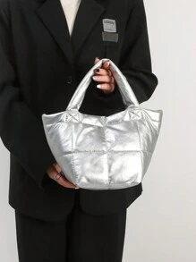 新款女士手袋，簡單多用，大容量小包時尚冬季圓桶托特包，柔軟的表面，輕盈簡約的桶包，高端感十足 - 銀色 - 查看 4