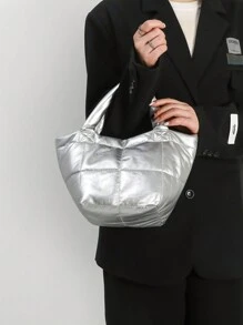 新款女士手袋，簡單多用，大容量小包時尚冬季圓桶托特包，柔軟的表面，輕盈簡約的桶包，高端感十足 - 銀色 - 查看 5