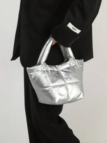 新款女士手袋，簡單多用，大容量小包時尚冬季圓桶托特包，柔軟的表面，輕盈簡約的桶包，高端感十足 - 銀色 - 查看 3