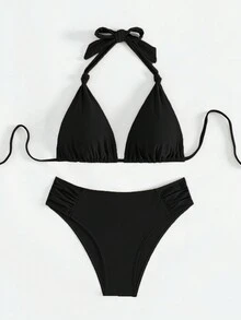 2件套甜美性感纯色系带细肩带比基尼泳衣，沙滩度假风黑色夏季 - 黑色 - 查看 6