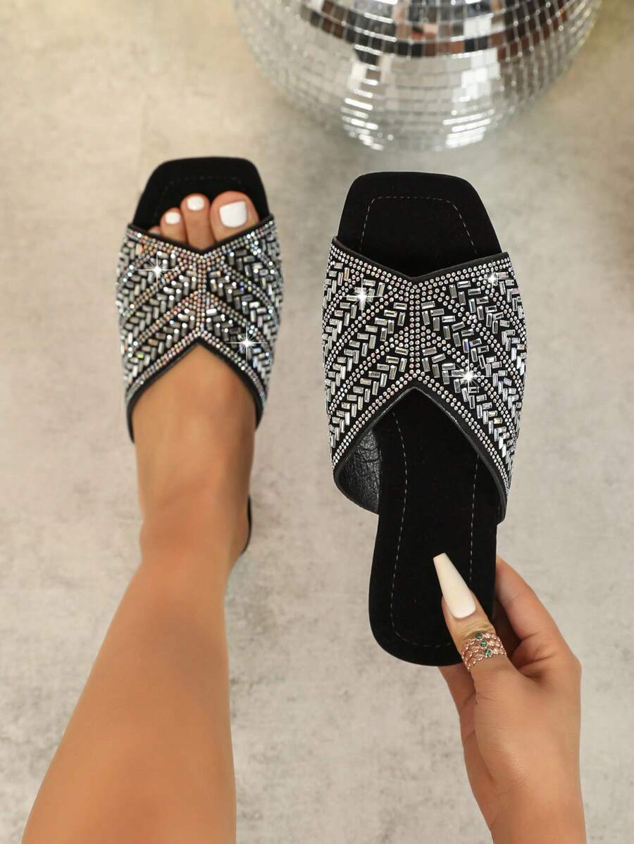 Women's Pure Handmade Rhinestone Decor Flat Sandals, Black Suede Comfortable Slippers For Casual Style In Summer - Silver - View 1