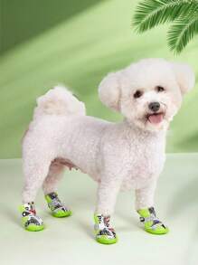 4 cái/bộ Hoa Da giả Lưới thoáng khí Dây kéo Thiết kế Giày thú cưng , Bền chặt & Chống trơn trượt Đối với Mèo & Chó nhỏ Trong nhà & Ngoài trời Sử dụng - màu xanh lá - Xem 2