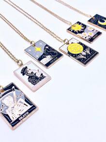 1pc Punk Star, Sun, Moon Drip Oil Square Pendant Necklace Stainless Steel Chain, Unisex