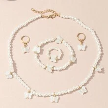 5入組女孩可愛蝴蝶吊墜珍珠飾品套裝 - 白色 - 查看 1