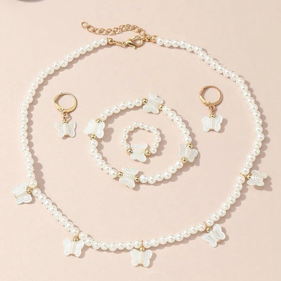 5入組女孩可愛蝴蝶吊墜珍珠飾品套裝 - 白色 - 查看 1