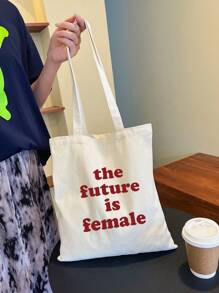 1 Pezzo Borsa Tote Alla Moda In Tela Beige Stampata Con Lettere Rosse 'il Futuro', Borsa Portatile Per Uscite E Shopping Per Donne - Beige - Visualizzare 2