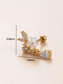 Toppiercing 1入組極簡時尚蛇形小耳釘,銅製鋯石和創意花卉設計,不鏽鋼上針,適用於軟骨穿刺 - 金黃色 - 查看 2