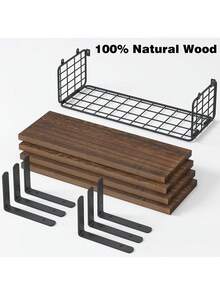 Juego De 4 Estantes Flotantes, Estante De Pared De Madera Rústica, Estante De Baño Con Cesta De Almacenamiento, Decoración De Pared De Estilo Granja Para Dormitorio, Cocina, Sala De Estar Y Plantas , Decoración De Habitación - Marrón - Ver 4