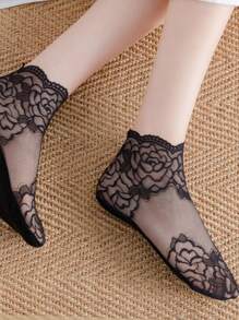 5 Paare Damen Kurze Schwarze Spitzensocken Mit Blumenmuster, Unsichtbar Und Vielseitig Für Den Täglichen Gebrauch