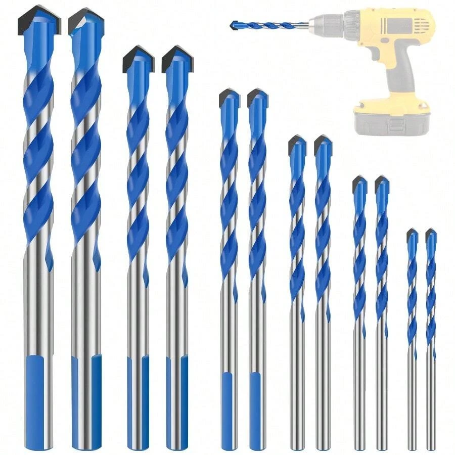 5pcs/7pcs/12pcs Blue Spiral Rhinestone Drill Bit, Multipurpose Alloy Triangle Drill Bit For Opening Holes On Marble, Glass, Ceramic Tiles And Walls, Tool Accessories